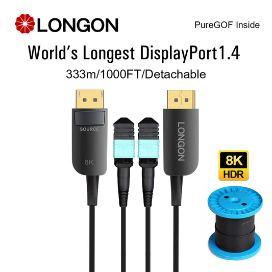 LONGON Detachable DP1.4 Displayport Cable Pure Active Optical Fiber (AOC) Cable Support 8K@60Hz 4K@144Hz 2K@240Hz 1080P@480Hz For VR AR Medical Public Security Audiovisual Engineering System RTX3080 3090 Monitor 10m 15m 20m 100m 200m 300m 333m