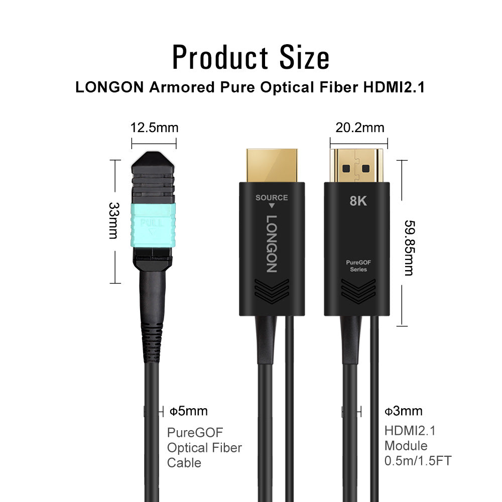 LONGON Armored Pure Optical Fiber HDMI2.1 Cable Detachable MPO Connector Support 72Gbps 8K 60Hz 4K 120Hz For PS5 RTX3080 VR Medical 8K TV Project 10M 15M 0.25m 100m 200m 333m