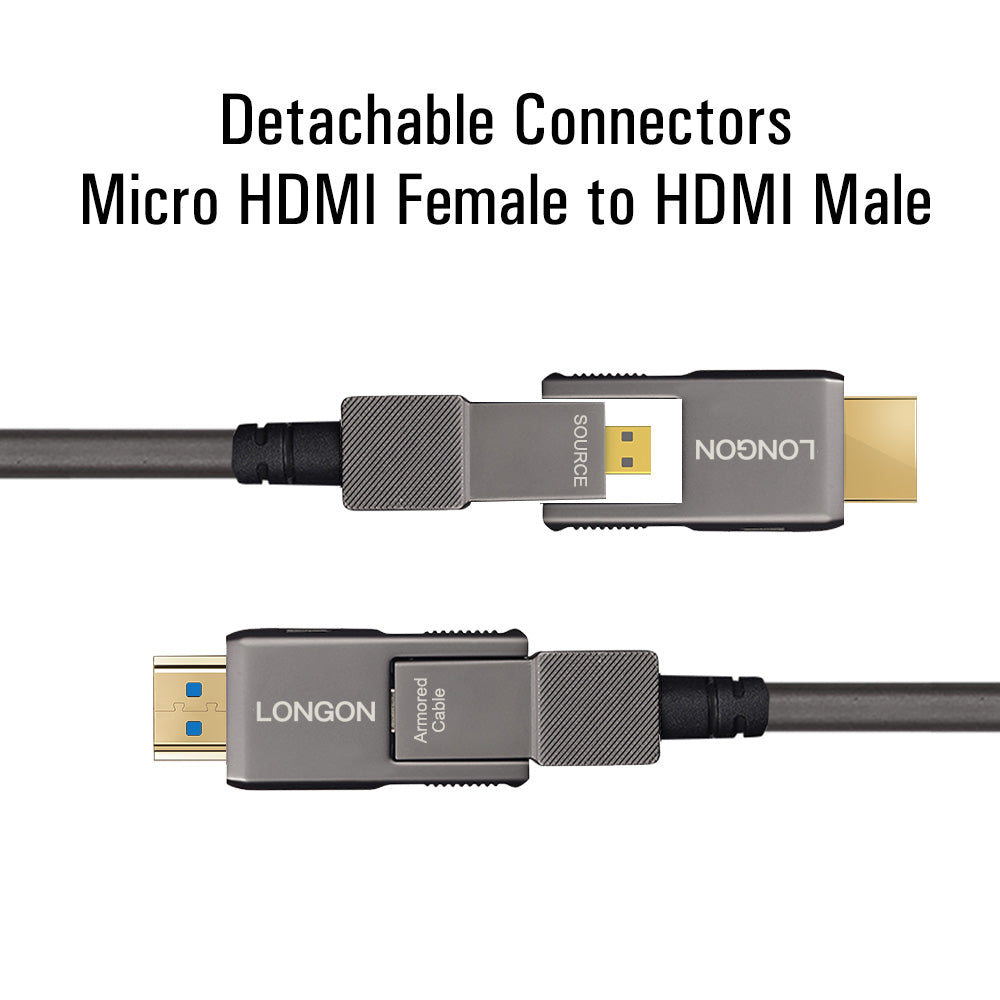 LONGON Detachable 4K HDMI Armored Optical Fiber Cable Micro HDMI to HDMI with Detachable Connectors 4K 60Hz HDR 18Gbps For Camera PC TV 50m 70m 100m