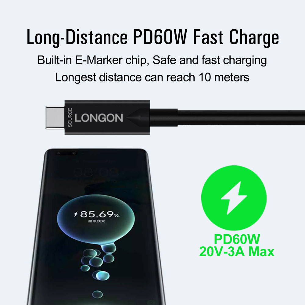 LONGON USB C Active Optical Fiber Cable USB3.1 Gen2 Full-featured Fiber Optic Data Cable Support PD60W 4K60Hz 10Gbps 10M/33FT For Logitech Camera Docking Station HUB PC Monitor Wire Live Meeting Cord