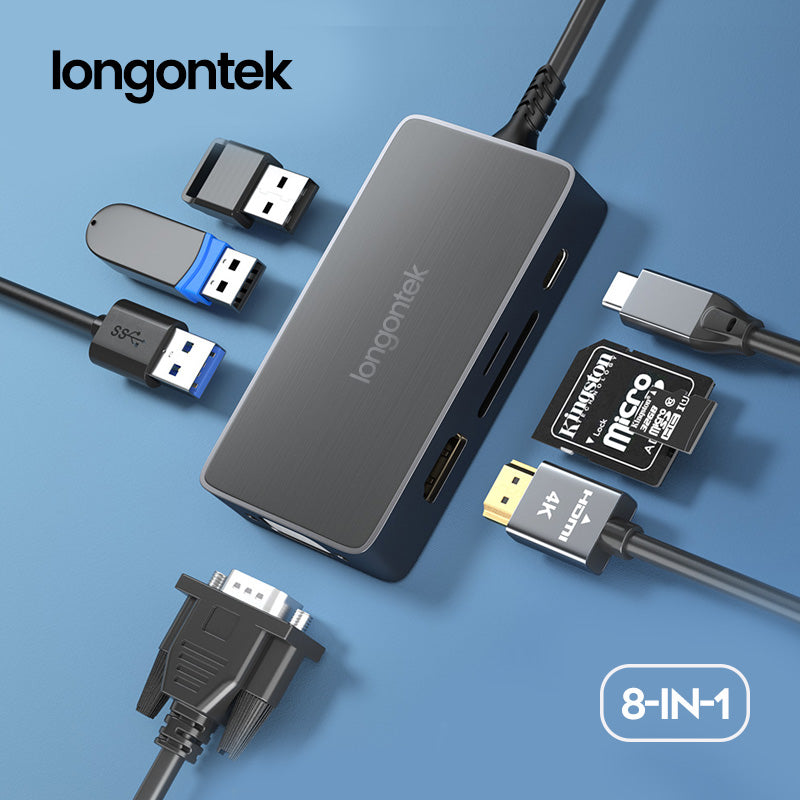 Longontek USB Type C Docking Station 8 in 1 Hub Multiport Adapter PD100W 4K HDMI VGA USB SD/TF Card Reader For Macbook HP XPS